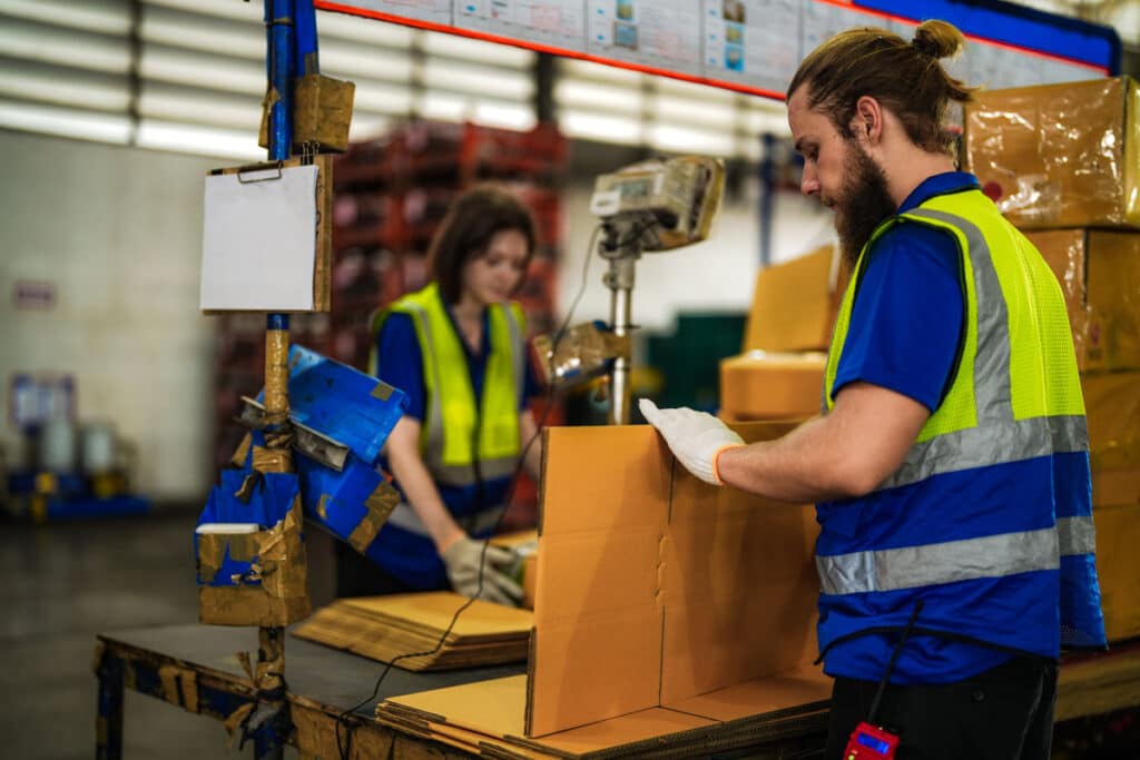 Two warehouse workers in safety vests assemble cardboard boxes at a packing station. One person folds a box in the foreground, while another works in the background. Shelves and packages are visible around them.
